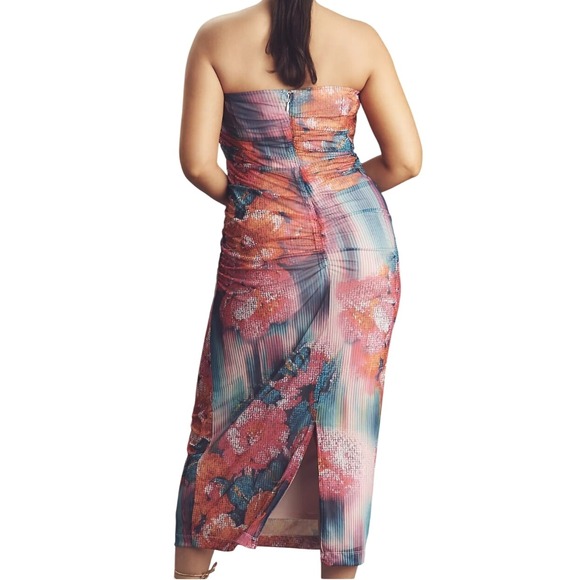 ANTHROPOLOGIE‎ Soleil Slim Strapless Midi Dress L and XL Ruched Mesh Pink Floral - Picture 10 of 16